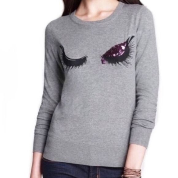 Rare merino wool sweater gray French Connection purple sequin wink design Medium - Picture 1 of 4